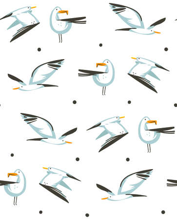 Hand drawn vector abstract cartoon summer time graphic illustrations artistic seamless pattern with flying sea gulls on beach isolated on white background.のイラスト素材