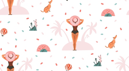 Hand drawn vector abstract graphic cartoon summer time flat illustrations seamless patterns with girl and dog on the summer beach isolated on pink pastel backgroundの写真素材
