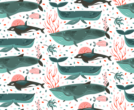 Hand drawn vector abstract cartoon graphic summer time underwater ocean bottom illustrations seamless pattern with coral reefs,beauty big whales,seaweeds isolated on white backgroundの写真素材