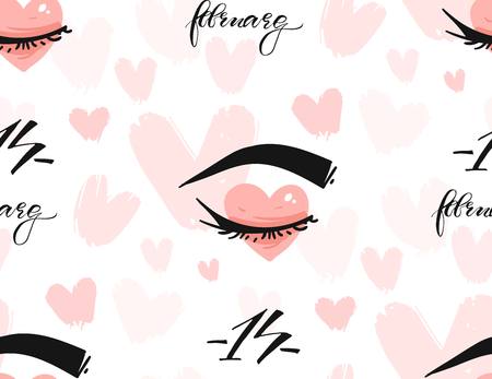 Hand drawn vector abstract greeting happy Valentines day illustrations invitation seamless pattern with hearts,woman eyes in love and handwritten calligraphy 14 february isolated on white background.のイラスト素材