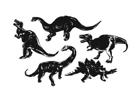 Hand drawn vector abstract ink brush grunge drawing textured crafted silhouette decoration illustrations collection set of dino isolated on white background.のイラスト素材