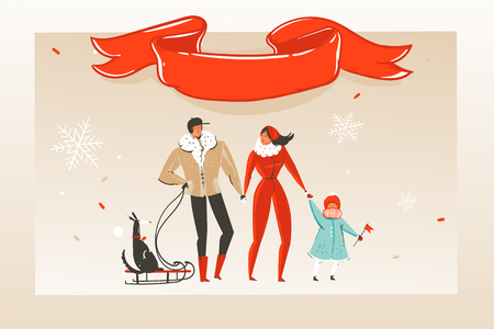 Hand drawn vector abstract fun Merry Christmas time cartoon illustration greeting card with happy family and red ribbon with copy space place isolated on craft backgroundのイラスト素材