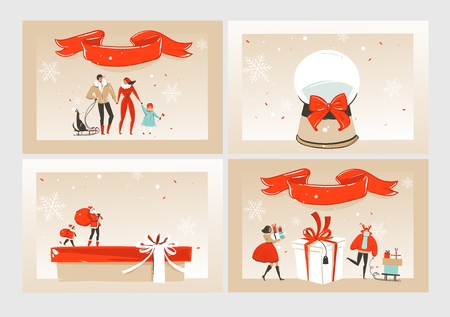 Hand drawn vector abstract fun Merry Christmas time cartoon illustrations greeting cards,landing pages and backgrounds collection set with gift boxes and group of people isolated on craft backgroundの写真素材