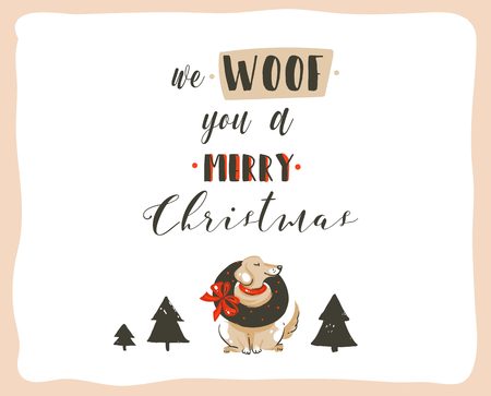 Hand drawn vector abstract fun Merry Christmas time cartoon illustrations poster with xmas dogs and modern handwritten calligraphy text We Woof you a Merry Christmas isolated on white background. Hand drawn vector abstract fun Merry Christmas time cartoon illustrations poster with xmas dogs and modern handwritten calligraphy text We Woof you a Merry Christmas isolated on white background.