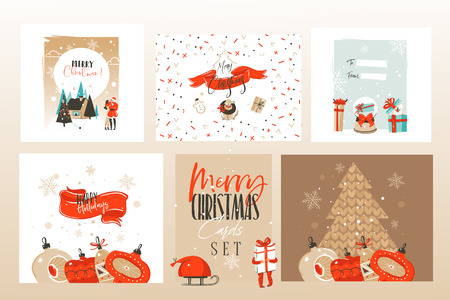 Hand drawn vector abstract fun Merry Christmas time cartoon illustrations greeting cards template and backgrounds big collection set with gift boxes,people and Xmas art isolated on white background.の写真素材