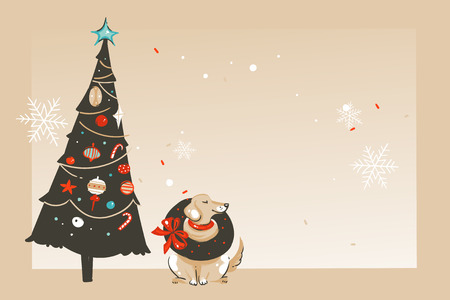 Hand drawn vector abstract fun Merry Christmas and Happy New Year time cartoon illustration greeting card with happy xmas dog,tree and copy space place for your text isolated on craft background.のイラスト素材