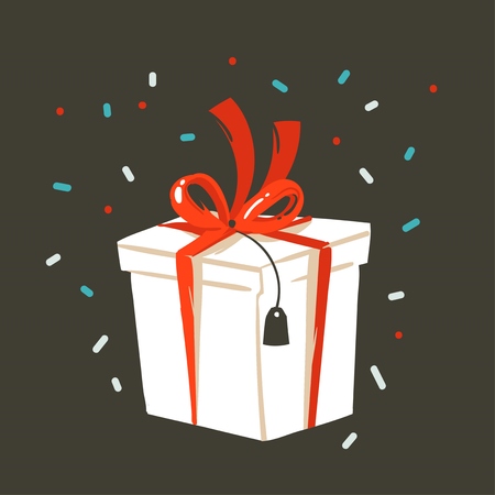 Hand drawn vector abstract fun Merry Christmas and Happy New Year time cartoon illustration greeting card with xmas surprise gift box and confetti isolated on black background.のイラスト素材