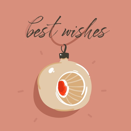 Hand drawn vector abstract fun Merry Christmas and Happy New Year time cartoon illustration greeting card with fir tree bauble toy and Best Wishes text isolated on brown background.のイラスト素材