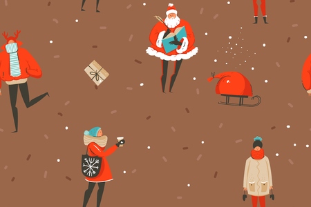 Hand drawn vector abstract fun Merry Christmas and Happy New Year time cartoon rustic festive seamless pattern with cute illustrations of Xmas people and gift boxes isolated on brown background.のイラスト素材