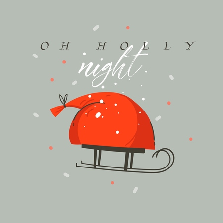 Hand drawn vector abstract fun Merry Christmas and Happy New Year time cartoon illustration greeting card with Santa Claus bag and Oh Holly Night typography isolated on blue background.のイラスト素材