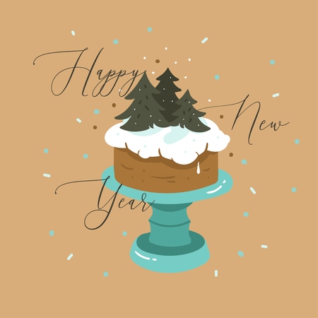 Hand drawn vector abstract fun Merry Christmas and Happy New Year time cartoon illustration greeting card with xmas cake stand and Happy New Year text isolated on brown background.のイラスト素材