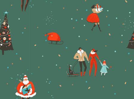 Hand drawn vector abstract fun Merry Christmas and Happy New Year time cartoon rustic nordic seamless pattern with cute illustrations of Xmas people and Santa Claus isolated on green background.のイラスト素材