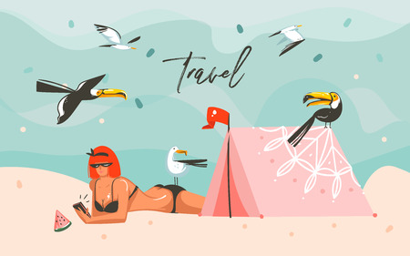 Hand drawn vector abstract cartoon summer time graphic illustrations art template background with ocean beach landscape, girl,tropical birds,tent and Travel typography textのイラスト素材