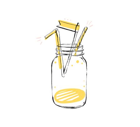 Hand drawn vector abstract creative sign stamp with handwritten modern natural lemonade glass jar isolated on white background.Menu,logo design,sticker,tag,decoration,labelの写真素材