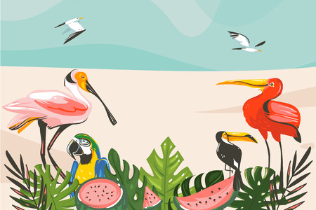 Hand drawn vector abstract cartoon summer time graphic illustrations art template background with ocean beach landscape,tropical palm tree and exotic tropical birds.のイラスト素材