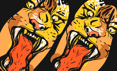 Hand drawn vector abstract graphic freehand textured sketch ink drawing of tigers faces in orange colors collage isolated on black backgroundの写真素材