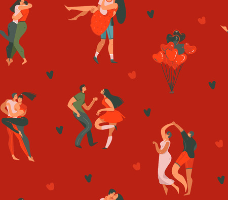 Hand drawn vector abstract cartoon modern graphic Happy Valentines day concept illustrations art seamless pattern with dancing couples people together and hearts isolated on red color background.のイラスト素材