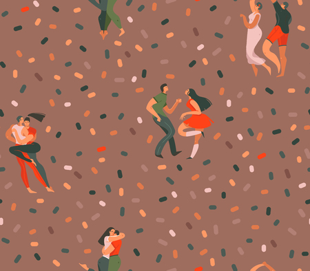 Hand drawn vector abstract cartoon modern graphic Happy Valentines day concept illustrations art seamless pattern with dancing couples people together isolated on brown color background.のイラスト素材