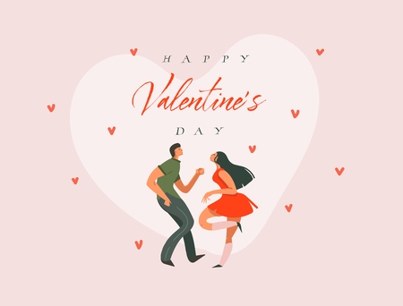 Hand drawn vector abstract cartoon modern graphic Happy Valentines concept illustrations art card with dancing couple people together and Happy Valentines day text isolated on pink pastel backgroundのイラスト素材