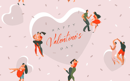 Hand drawn vector abstract cartoon modern graphic Happy Valentines day concept illustrations art seamless pattern with dancing couples people together isolated on pink pastel color background.のイラスト素材