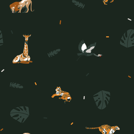 Hand drawn vector abstract cartoon modern graphic African Safari Nature illustrations art collage seamless pattern with tigers,lion,crane bird and tropical palm leaves isolated on black background.のイラスト素材