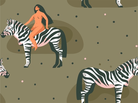Hand drawn vector abstract cartoon modern graphic African Safari Nature concept collage illustrations art print with zebra animals and nude wild women character isolated on green color backgroundのイラスト素材