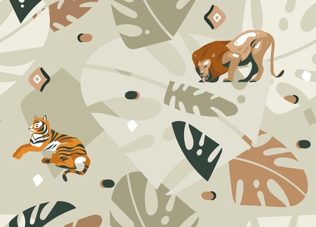 Hand drawn vector abstract modern graphic African Safari Nature ornamental tribal illustrations art collage seamless pattern with tigers,lion and palm leaves isolated on pastel backgroundのイラスト素材