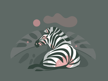 Hand drawn vector abstract cartoon modern graphic African Safari Nature concept collage illustrations art print with zebra animal and tropical palm leaves isolated on dark color background.のイラスト素材