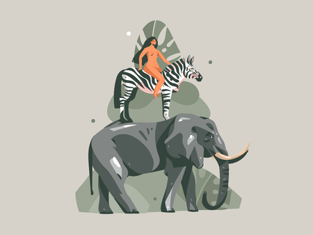 Hand drawn vector abstract cartoon modern graphic African Safari Nature concept collage illustrations art print with zebra,elephant animals and nude wild woman character isolated on pastel backgroundのイラスト素材