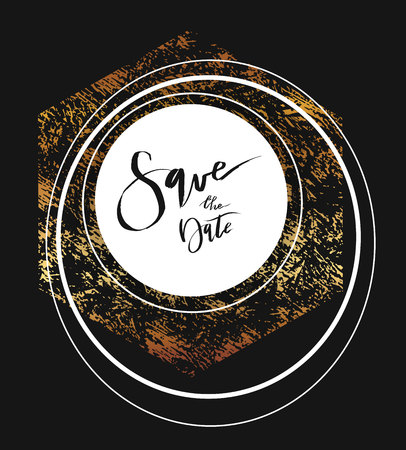 Hand drawn vector geometric unusual minimalistic card template for save the date in black,white and golden colors.Bohemian Unique card for printing.Modern wedding invitation.のイラスト素材