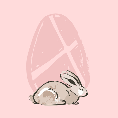 Hand drawn vector abstract graphic rustic textured collage Happy Easter cute greeting card template and cute bunny sketch illustration isolated on pink pastel background.のイラスト素材