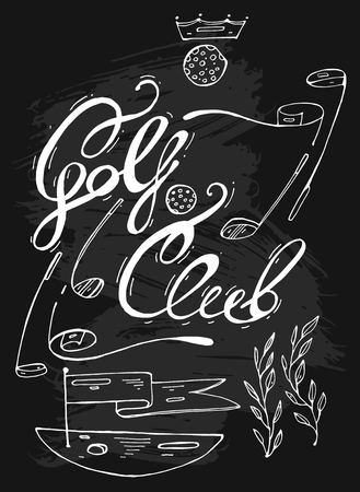 Hand drawn lined graphic illustration of golf design elements for golf club logo.Golf course with flag,golf putter and golf ball.Golf Club handwritten lettering.Design elements for golfing logo.のイラスト素材