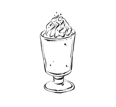 Hand drawn vector abstract artistic cooking ink sketch illustration drawing of coffee cocktail and whipped cream in glass isolated on white background.のイラスト素材