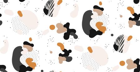 Hand drawn vector abstract creative graphic artistic illustrations seamless collage pattern with gepmetric shapes and tropical palm leaves in tribal mottif isolated on white backgroundのイラスト素材