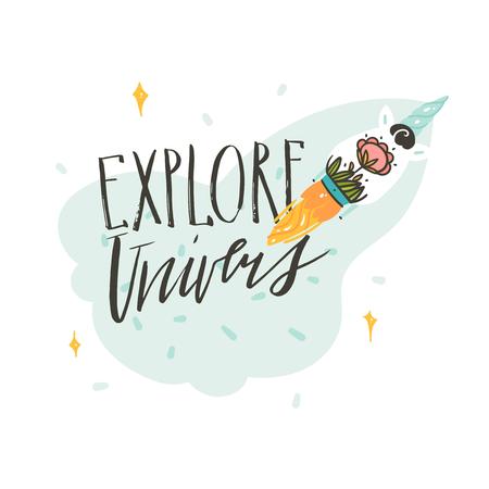 Hand drawn vector abstract graphic creative cartoon illustrations poster or print with unicorn spaceship and Explore Universe modern handwritten calligraphy quote isolated on white backgroundのイラスト素材