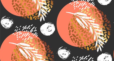 Hand drawn vector seamless textured round golden pattern with painted scratched texture and brunch in pastel colors isolated on black background.のイラスト素材