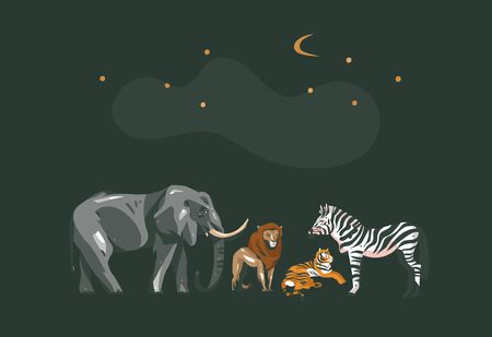 Hand drawn vector abstract cartoon modern graphic African Safari collage illustrations art banner with safari animals isolated on black color backgroundのイラスト素材