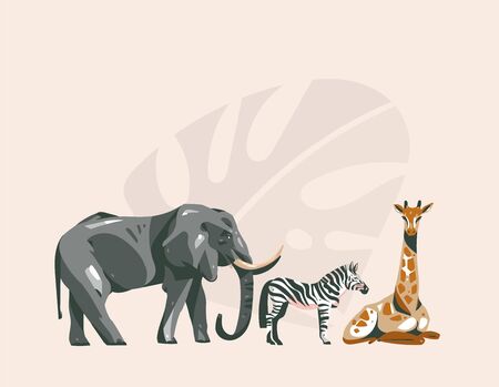 Hand drawn vector abstract cartoon modern graphic African Safari collage illustrations art banner with safari animals isolated on pastel color backgroundのイラスト素材