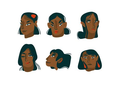 Hand drawn vector abstract cartoon modern graphic black girls characters collection set bundle illustration art isolated on white backgroundのイラスト素材