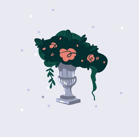 Hand drawn vector stock abstract graphic flat illustration with Wedding interior bouquet in vase stand isolated on white background.のイラスト素材
