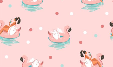 Hand drawn vector stock abstract cute summer time cartoon illustrations seamless pattern with unicornand flamingo rubbers rings and dolphins isolated on pink backgroundのイラスト素材