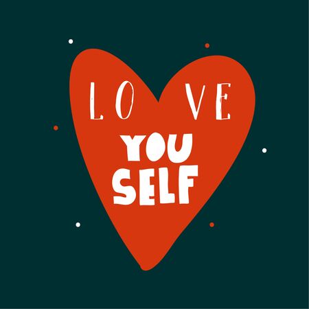 Hand drawn vector stock abstract graphic motivational illustrations card with handwritten inspirational phase love you self isolated on black dark backgroundのイラスト素材