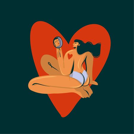 Hand drawn vector stock abstract graphic illustration with young naked girl looking herself in the mirror and big heart isolated on dark black backgroundのイラスト素材