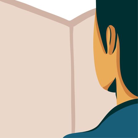 Hand drawn vector stock abstract graphic illustration with a man looks at the menu and chooses a dishyoung isolated on white backgroundのイラスト素材