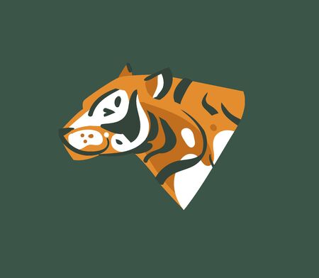 Hand drawn vector stock abstract graphic illustration with African wild tiger head cartoon animal design isolated on background.のイラスト素材