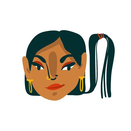 Hand drawn vector abstract cartoon flat minimalistic modern graphic girl avatar portrait character with earrings stock illustration art isolated on white background.のイラスト素材