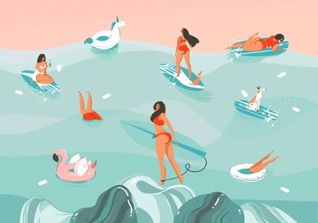 Hand drawn vector stock abstract graphic illustration with a funny sunbathing family people group in ocean waves landscape,swimming and surfing isolated on colour backgroundのイラスト素材