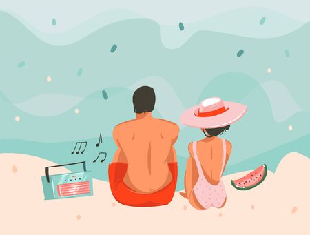 Hand drawn vector stock abstract graphic picnic illustration with a sunbathing sitting couple music boombox in ocean beach landscape isolated on color backgroundのイラスト素材