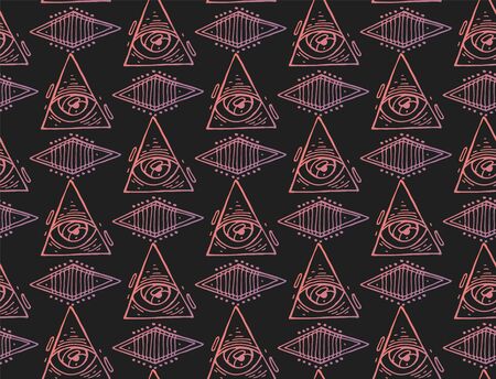 Trendy fashion all seeing eye seamless pattern. Hand drawn Eye pyramidal symbol. Alchemy, religion, spirituality, occultism, textiles art. Isolated vector illustration. Conspiracy theory.のイラスト素材