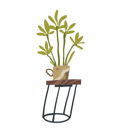 Hand drawn vector stock abstract graphic cartoon illustration with interior home elements ,with organic wooden table and big green plant in artistic pot isolated on white background.のイラスト素材